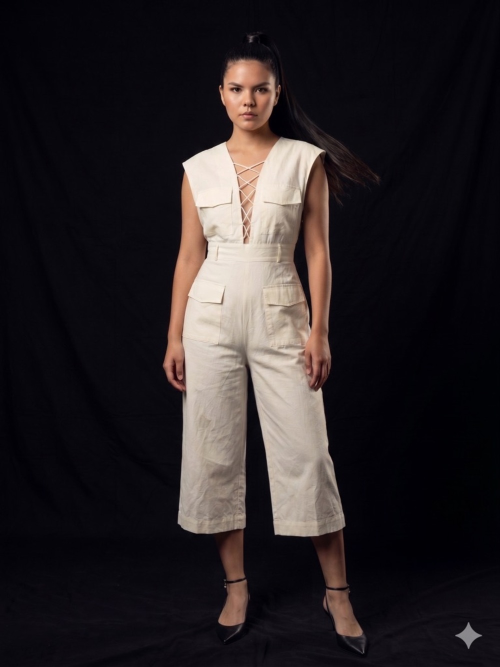 Kendall & Kylie Cream Lace-Up Utility Jumpsuit